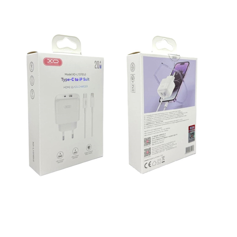 СЗУ XO L137 PD20W/QC18W (1USB-A+1USB-C) Fast Charging Charger with Lightning cable
