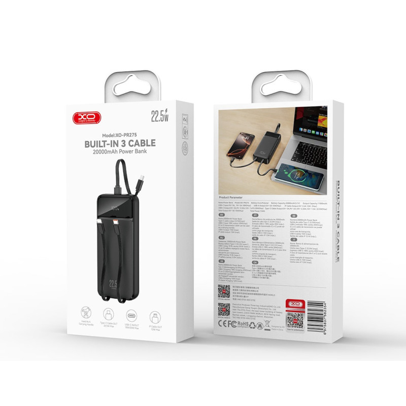 Powerbank XO PR275 22.5W+20W (2C port, 1iP) 20000mAh