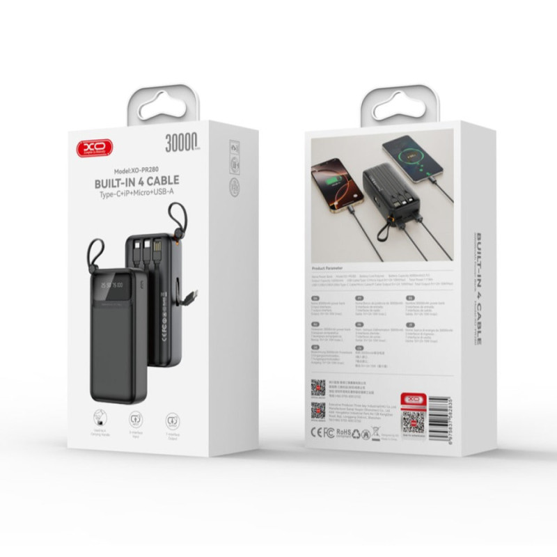 Powerbank XO PR280 (USB-A, TYPE-C, Micro, iP) 30000 mAh