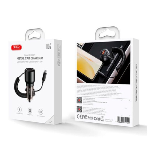 АЗУ XO CC59 intelligent transparent metal car charging+built-in Type-C data cable (Type-C+Type-C cab